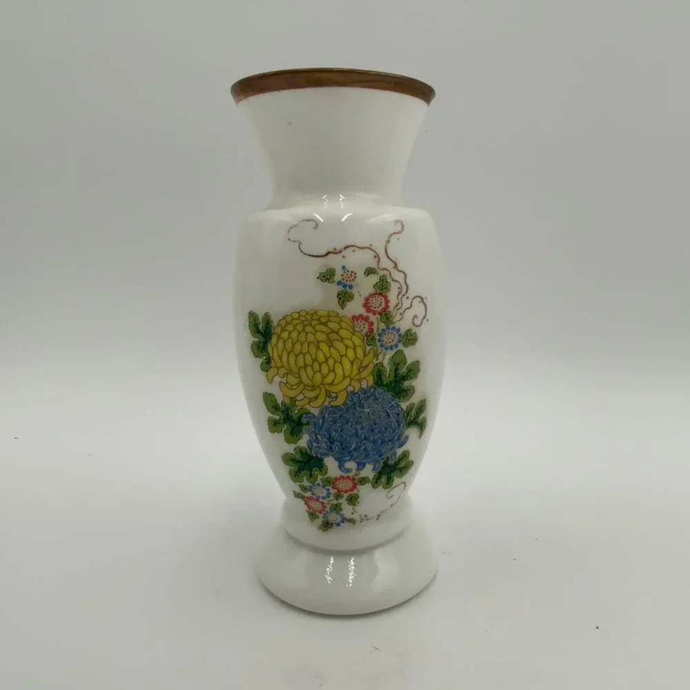 VTG Enesco Milk Glass Blue & Yellow Floral Vase w Gold Trim 7